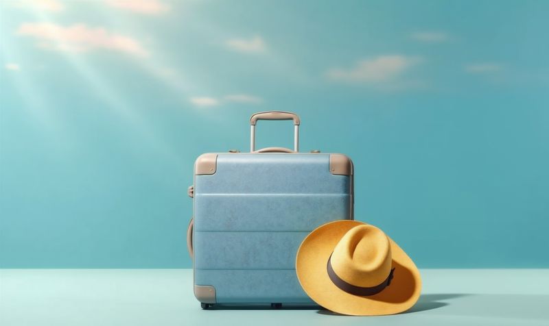 journey background beautiful blue trip holiday vacation baggage suitcase travel hat. Generative AI.