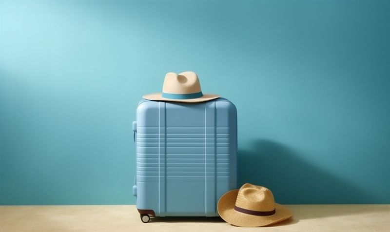 journey baggage holiday background trip leisure suitcase vacation blue hat travel. Generative AI.