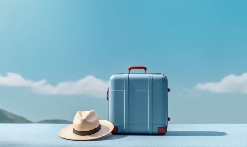 travel vacation journey suitcase trip holiday hat baggage background business blue. Generative AI.