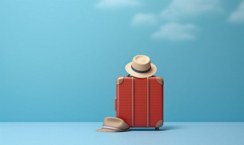 travel trip tourism vacation journey hat background holiday baggage suitcase blue. Generative AI.