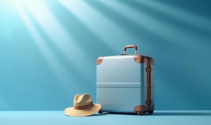 hat baggage background journey holiday suitcase trip vacation concept blue travel. Generative AI.