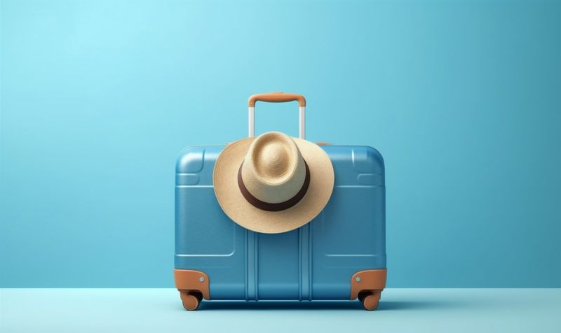 blue beach background hat vacation journey suitcase travel baggage trip holiday. Generative AI.
