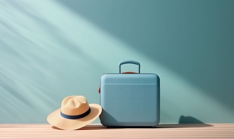 hat blue background baggage trip suitcase object journey holiday vacation travel. Generative AI.
