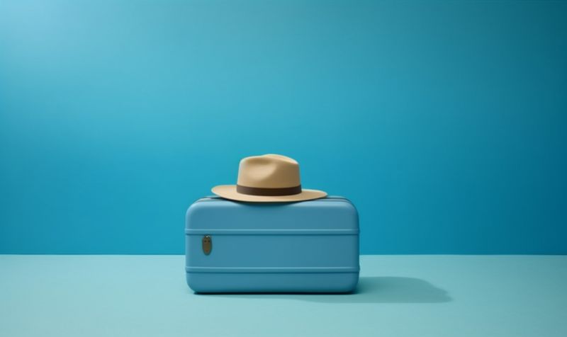holiday leisure background travel blue baggage hat journey trip suitcase vacation. Generative AI.
