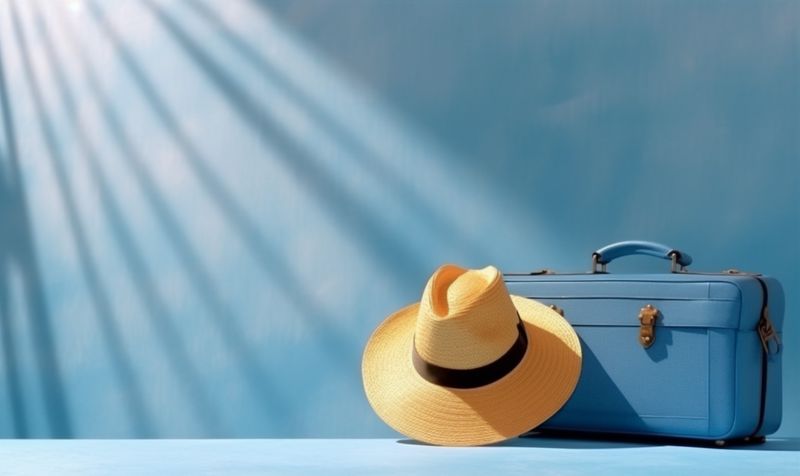 vacation hat travel journey background protection blue suitcase trip holiday baggage. Generative AI.