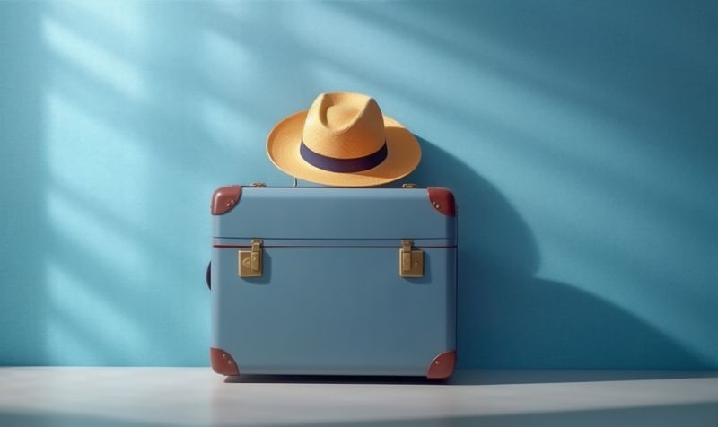 baggage blue holiday background travel suitcase hipster vacation hat trip journey. Generative AI.