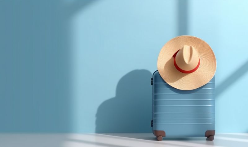 background baggage vacation trip space holiday suitcase journey blue hat travel. Generative AI.