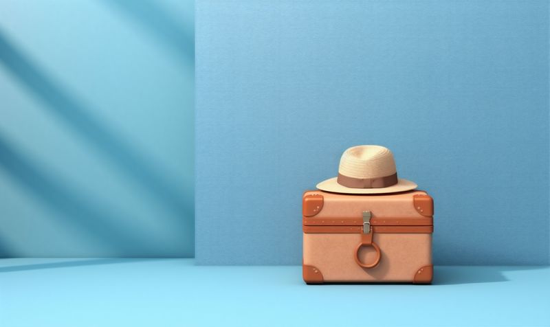 suitcase trip baggage journey blue background travel vacation object hat holiday. Generative AI.
