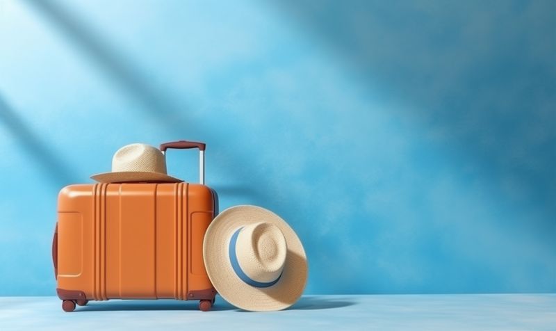holiday recreation baggage journey trip hat travel blue background suitcase vacation. Generative AI.