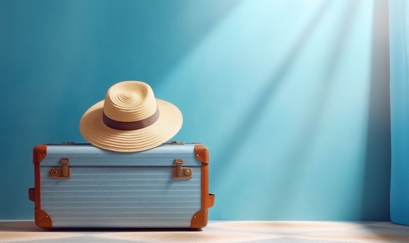 suitcase background holiday journey hat blue baggage vacation transportation trip travel. Generative AI.