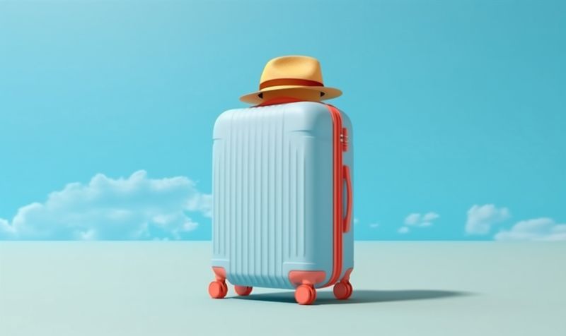 hat holiday trip suitcase blue background baggage travel journey design vacation. Generative AI.