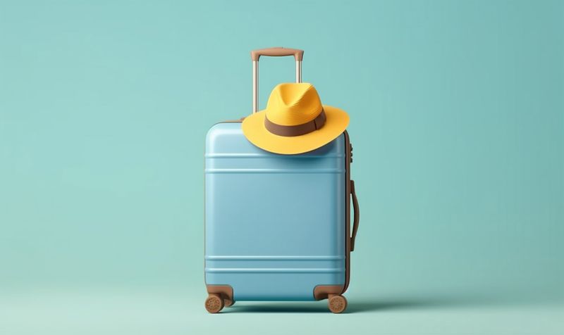 vacation travel journey suitcase background baggage holiday hat trip blue fly. Generative AI.