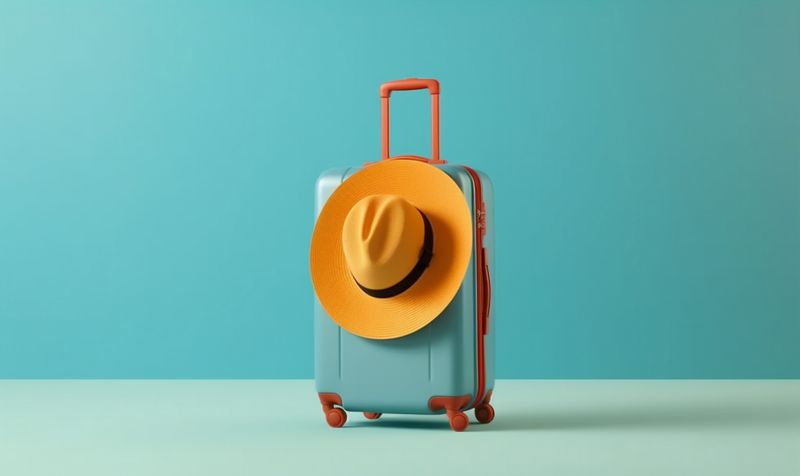 travel journey transportation blue vacation holiday background trip baggage hat suitcase. Generative AI.