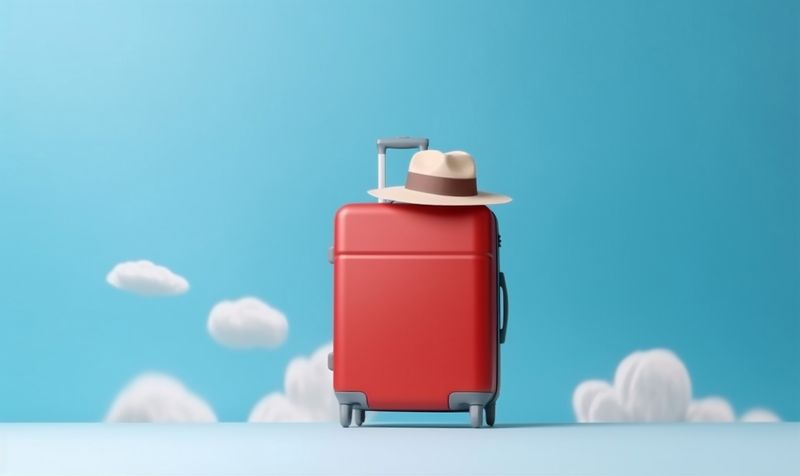 vacation trip travel journey suitcase holiday hat blue air baggage background. Generative AI.