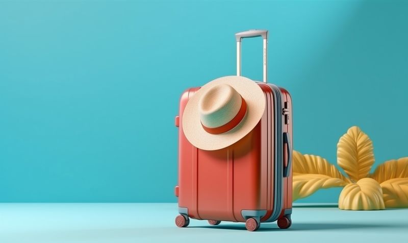 yellow travel journey vacation blue holiday baggage suitcase background trip hat. Generative AI.