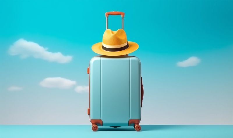 trip journey blue hat background holiday baggage leisure suitcase travel vacation. Generative AI.