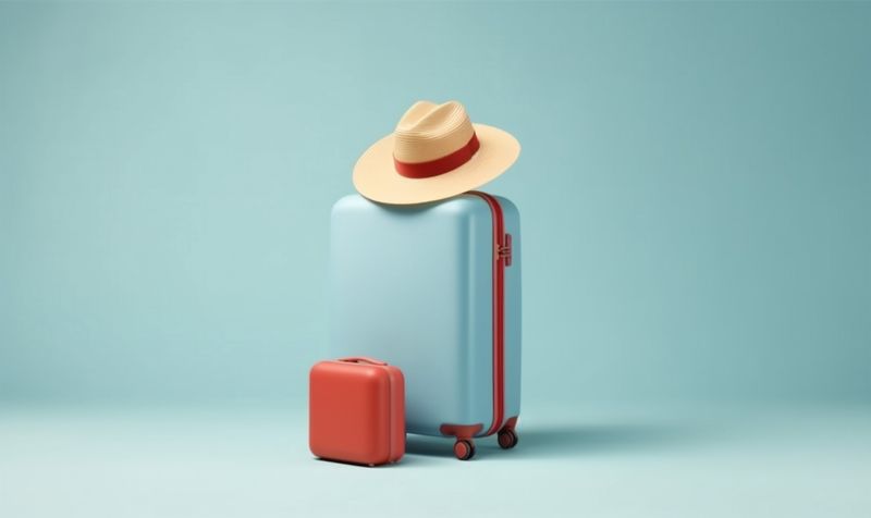 vacation space travel hat baggage background journey blue holiday trip suitcase. Generative AI.