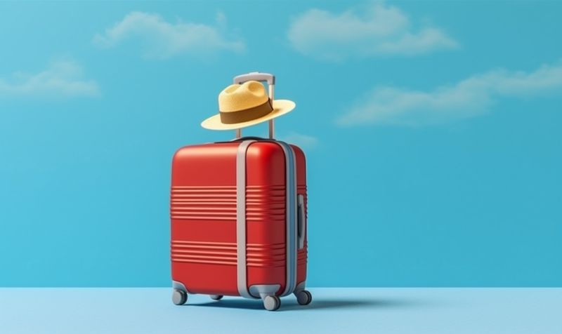 journey blue hat suitcase holiday vacation trip travel recreation background baggage. Generative AI.