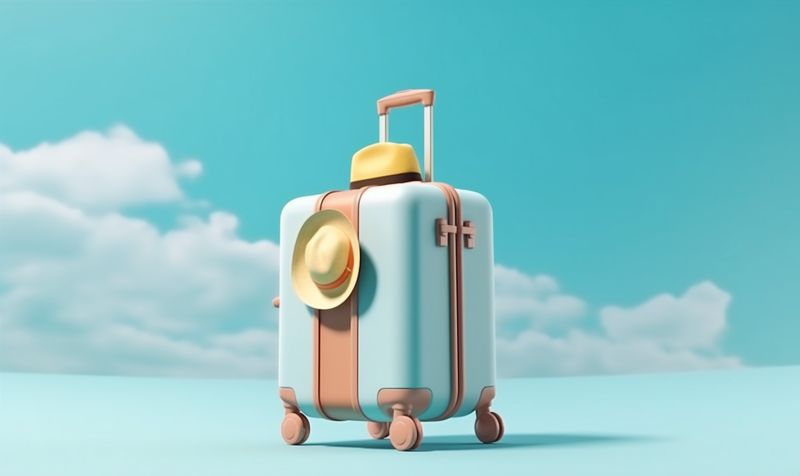vacation holiday suitcase protection trip baggage background travel blue journey hat. Generative AI.