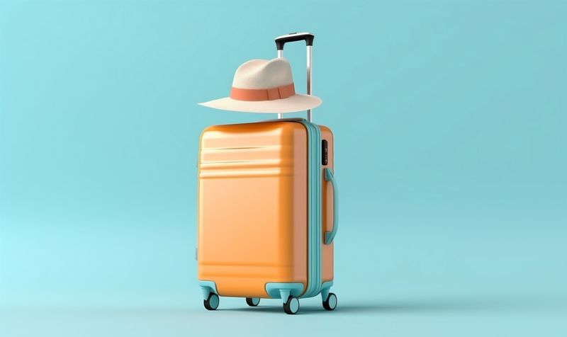 hat trip baggage beach background holiday vacation travel suitcase journey blue. Generative AI.