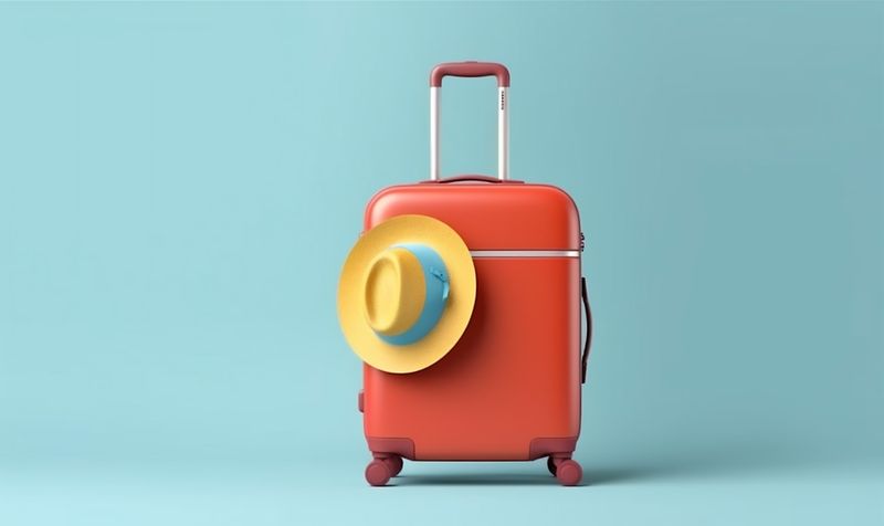 copy journey space holiday vacation baggage blue hat suitcase trip background travel. Generative AI.