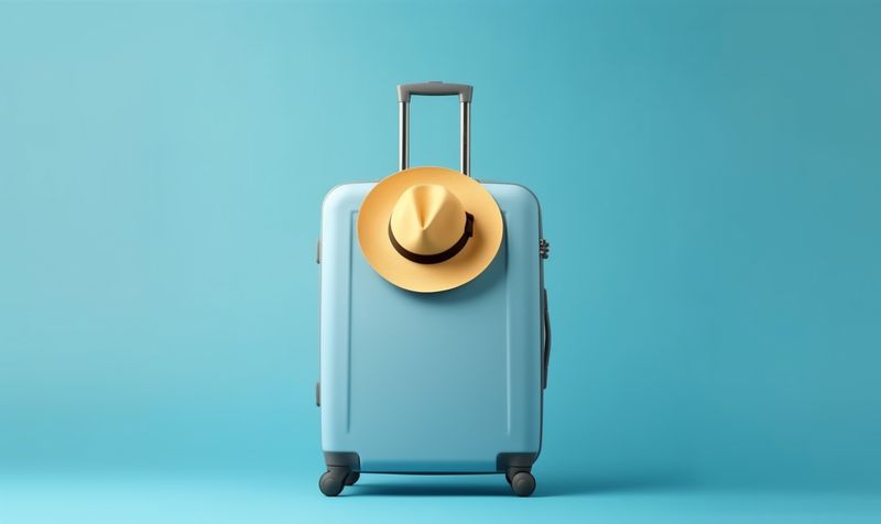blue holiday baggage vacation trip travel journey suitcase business hat background. Generative AI.