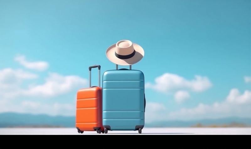 trip blue journey vacation business background suitcase hat holiday baggage travel. Generative AI.