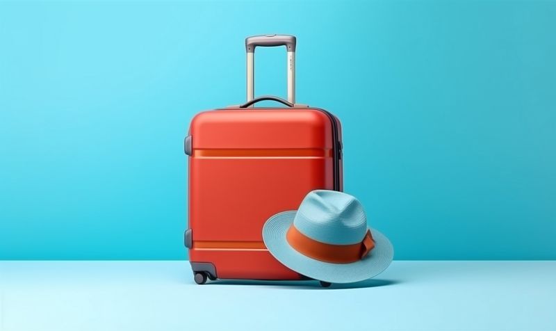travel blue journey bag suitcase baggage vacation holiday hat background trip. Generative AI.