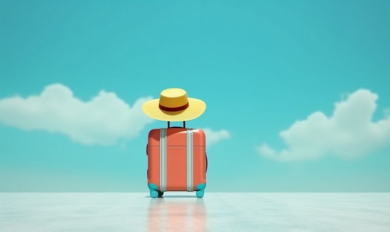 design travel blue vacation trip background holiday journey hat baggage suitcase. Generative AI.