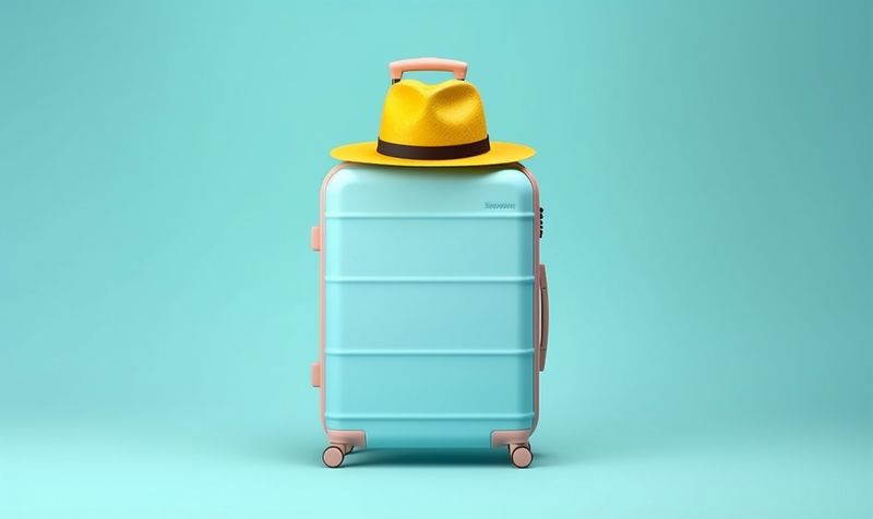 departure hat vacation holiday trip travel background baggage blue suitcase journey. Generative AI.