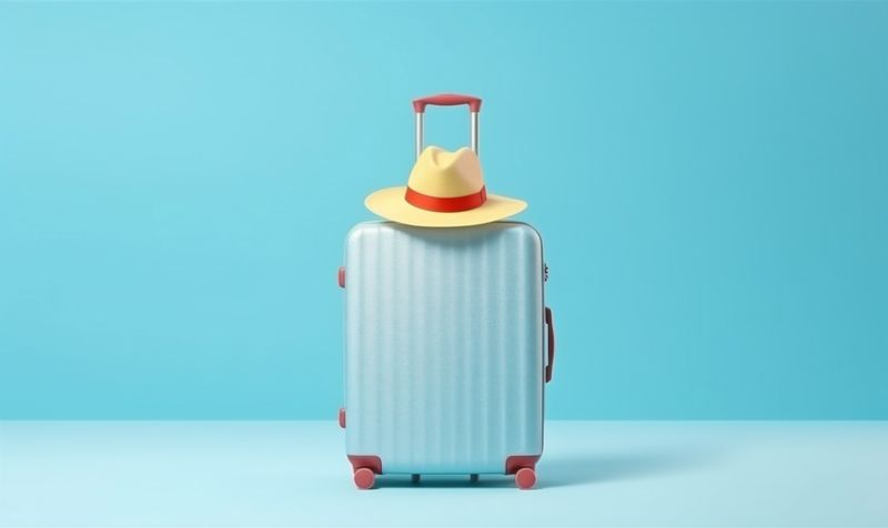 hat holiday vacation background journey baggage travel blue suitcase trip recreation. Generative AI.