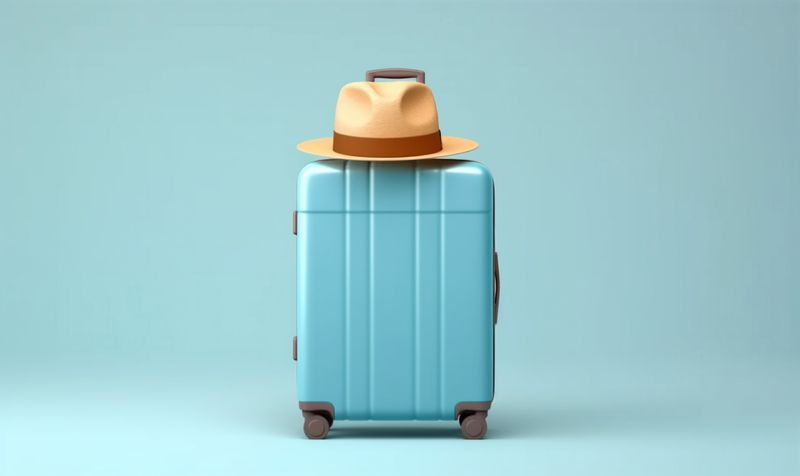 hat journey trip travel suitcase baggage blue protection background holiday vacation. Generative AI.