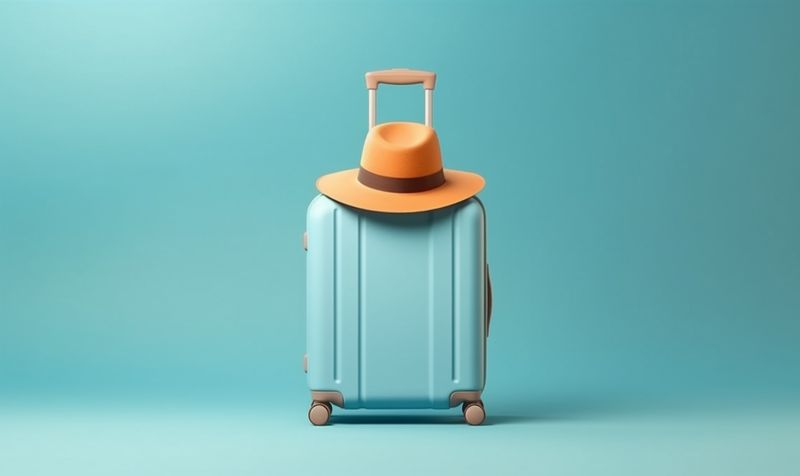 baggage background vacation hat journey suitcase business trip holiday travel blue. Generative AI.