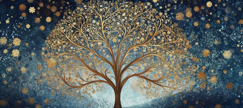 decoration background poster tree toy blue ball gold christmas card holiday. Generative AI.