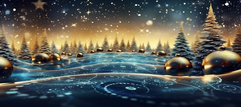 poster background tree holiday gold decoration toy garland ball blue christmas. Generative AI.