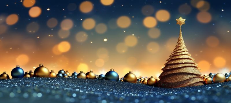 christmas poster tree background holiday ball blue toy decoration gold abstract. Generative AI.