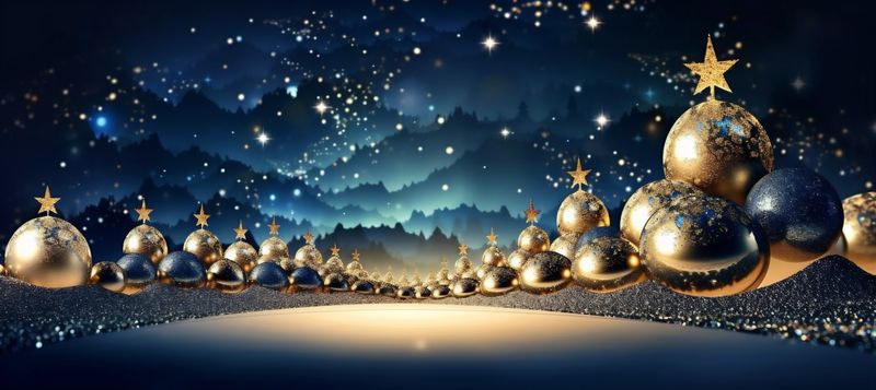 poster holiday tree blue background gold christmas decoration merry toy ball. Generative AI.