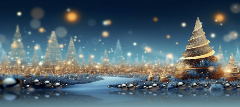 holiday blue gold christmas toy tree decoration background poster ball shiny. Generative AI.