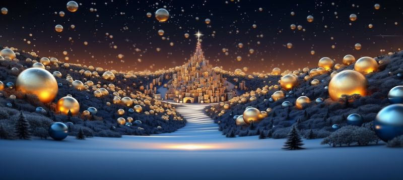 blue poster winter christmas toy holiday tree background gold ball decoration. Generative AI.