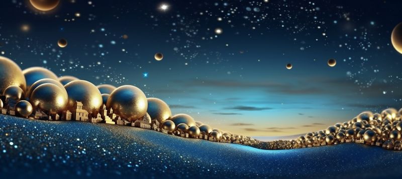 poster christmas tree gold holiday card ball toy decoration blue background. Generative AI.