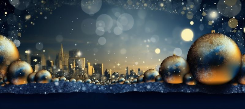 white ball holiday decoration gold background toy tree blue christmas poster. Generative AI.