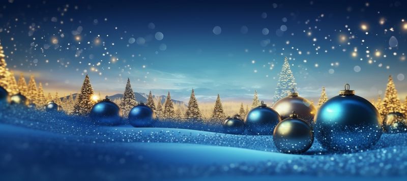 abstract tree background poster christmas decoration blue gold holiday ball toy. Generative AI.