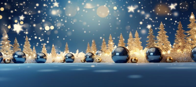 poster toy decorative tree gold decoration blue christmas ball holiday background. Generative AI.