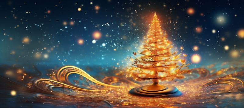 gold tree holiday poster background toy branch christmas blue tree ball decoration. Generative AI.