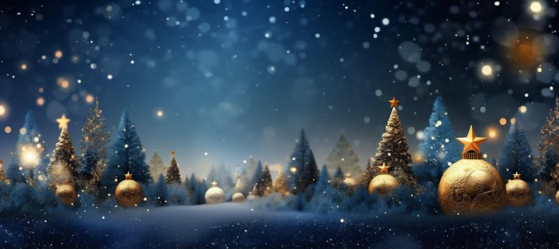 ball toy poster decoration holiday blue christmas beautiful tree gold background. Generative AI.