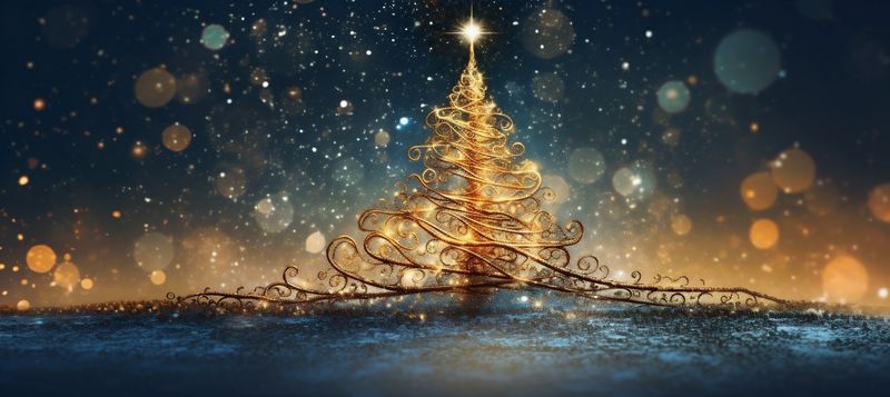 tree poster toy holiday christmas ball gold background branch blue tree decoration. Generative AI.