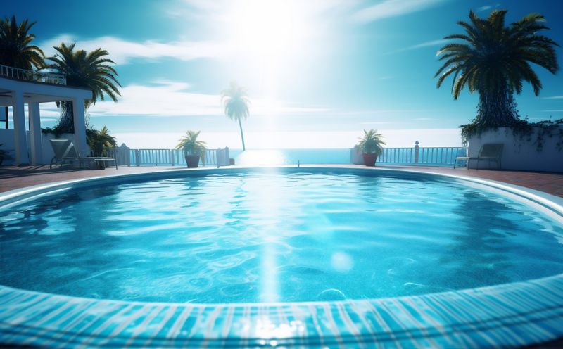 relaxation water pool palm large summer home luxury blue swimming. Generative AI.