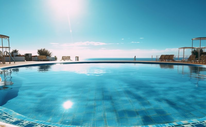 summer swimming water large blue palm luxury relaxation pool home. Generative AI.