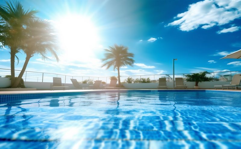 water swimming luxury large home blue summer relaxation palm pool. Generative AI.