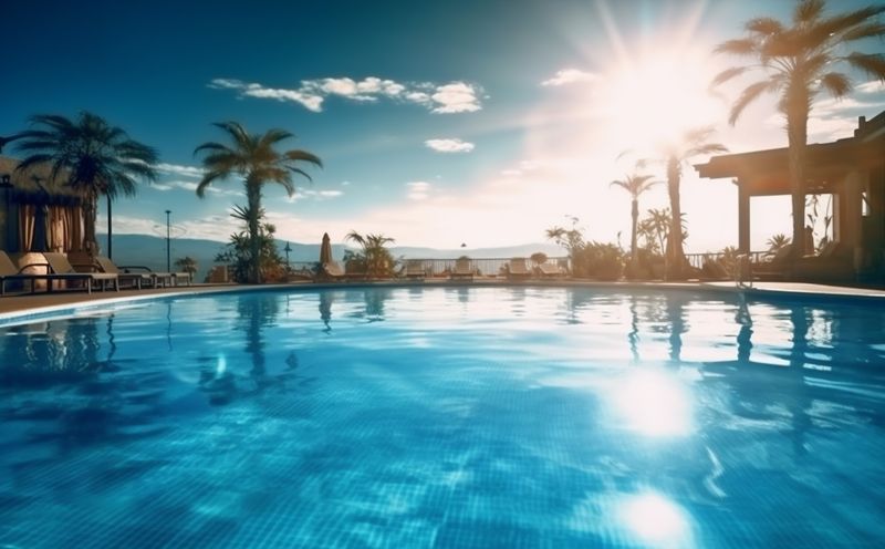 blue swimming home summer water pool luxury relaxation large palm. Generative AI.